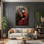 Frau Mit Pferd In Vintage Rotem Kleid Mit Hut Eleganz Nostalgie