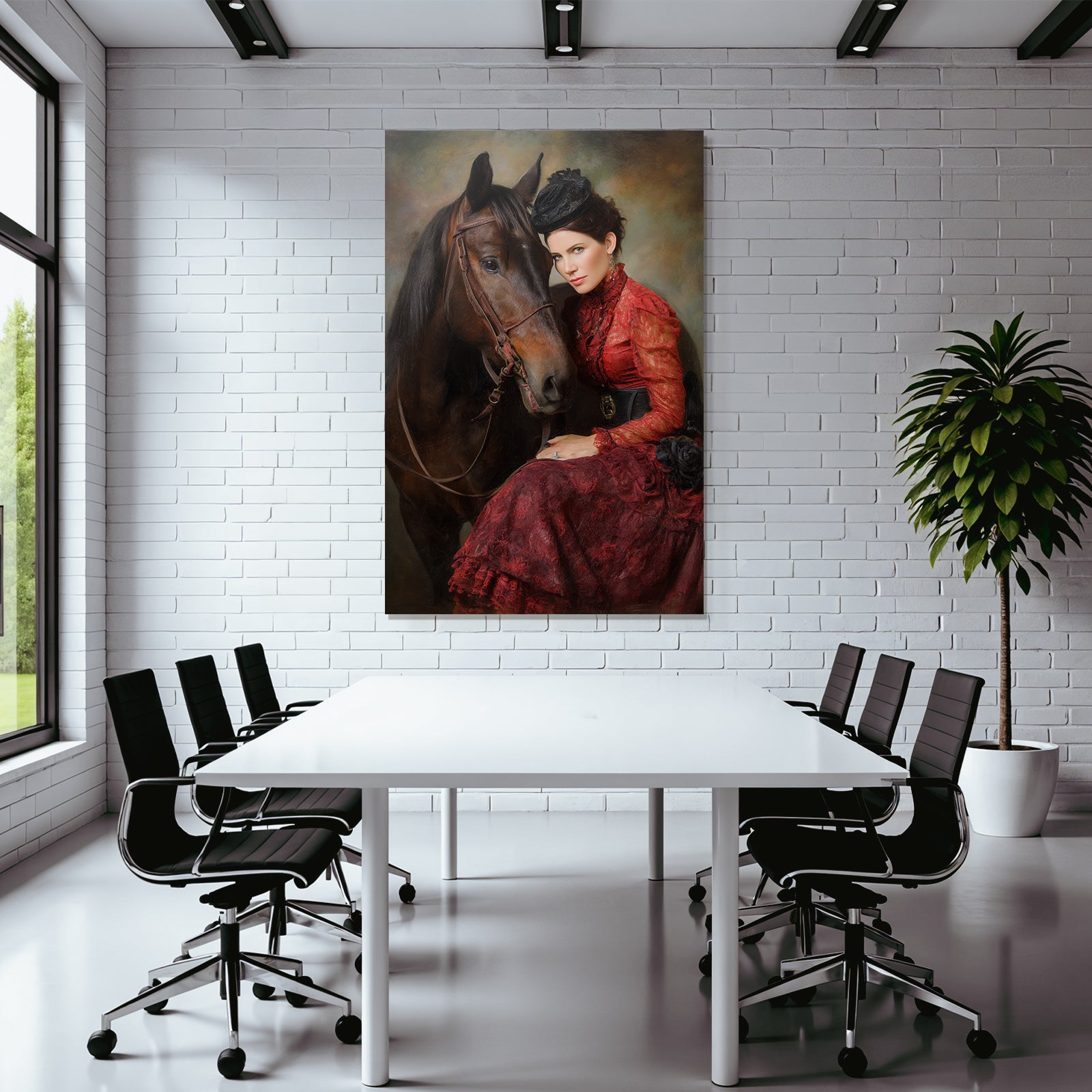 Frau Mit Pferd In Vintage Rotem Kleid Mit Hut Eleganz Nostalgie