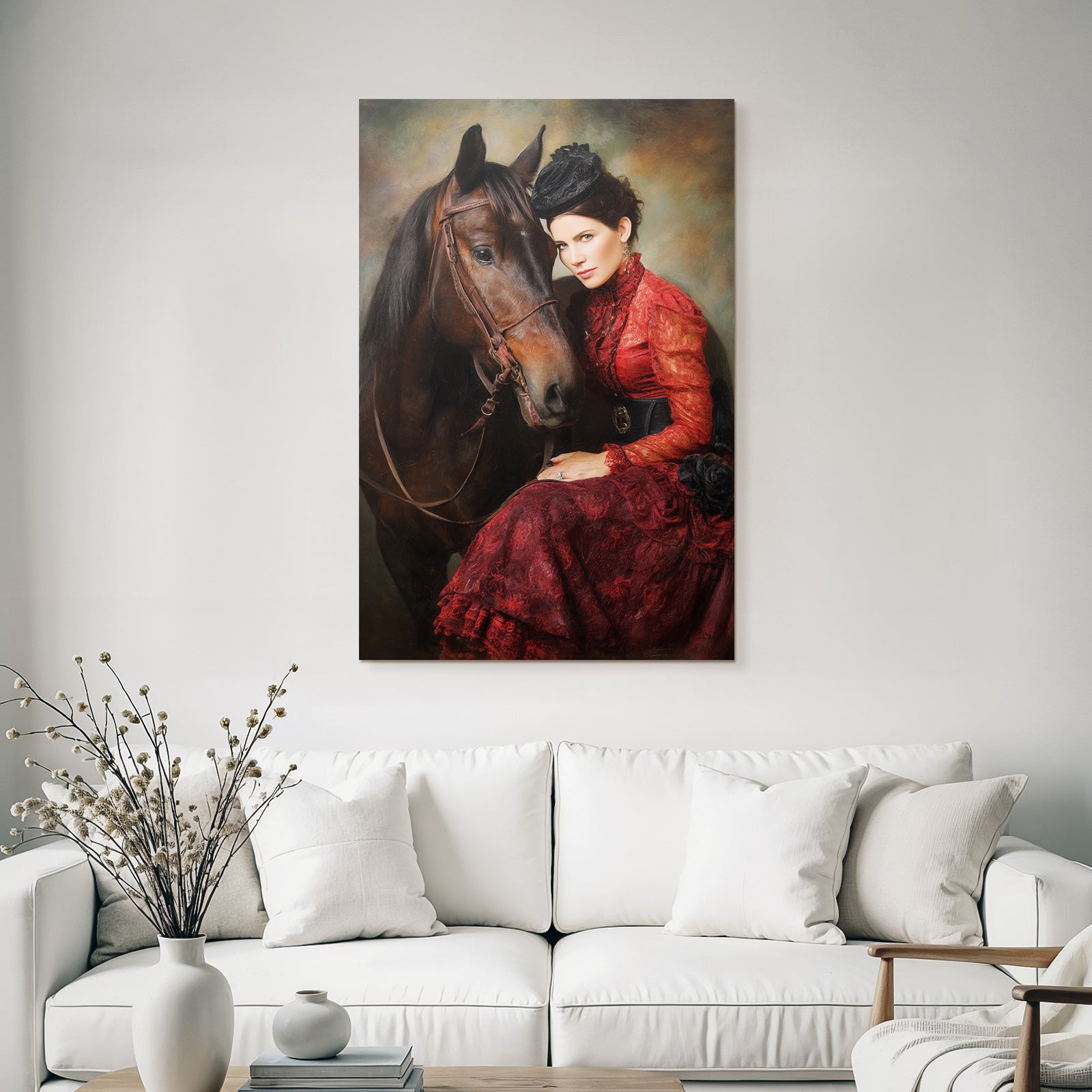 Frau Mit Pferd In Vintage Rotem Kleid Mit Hut Eleganz Nostalgie