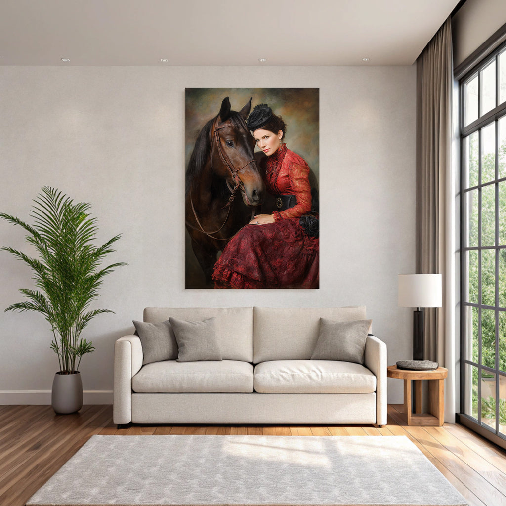 Frau Mit Pferd In Vintage Rotem Kleid Mit Hut Eleganz Nostalgie