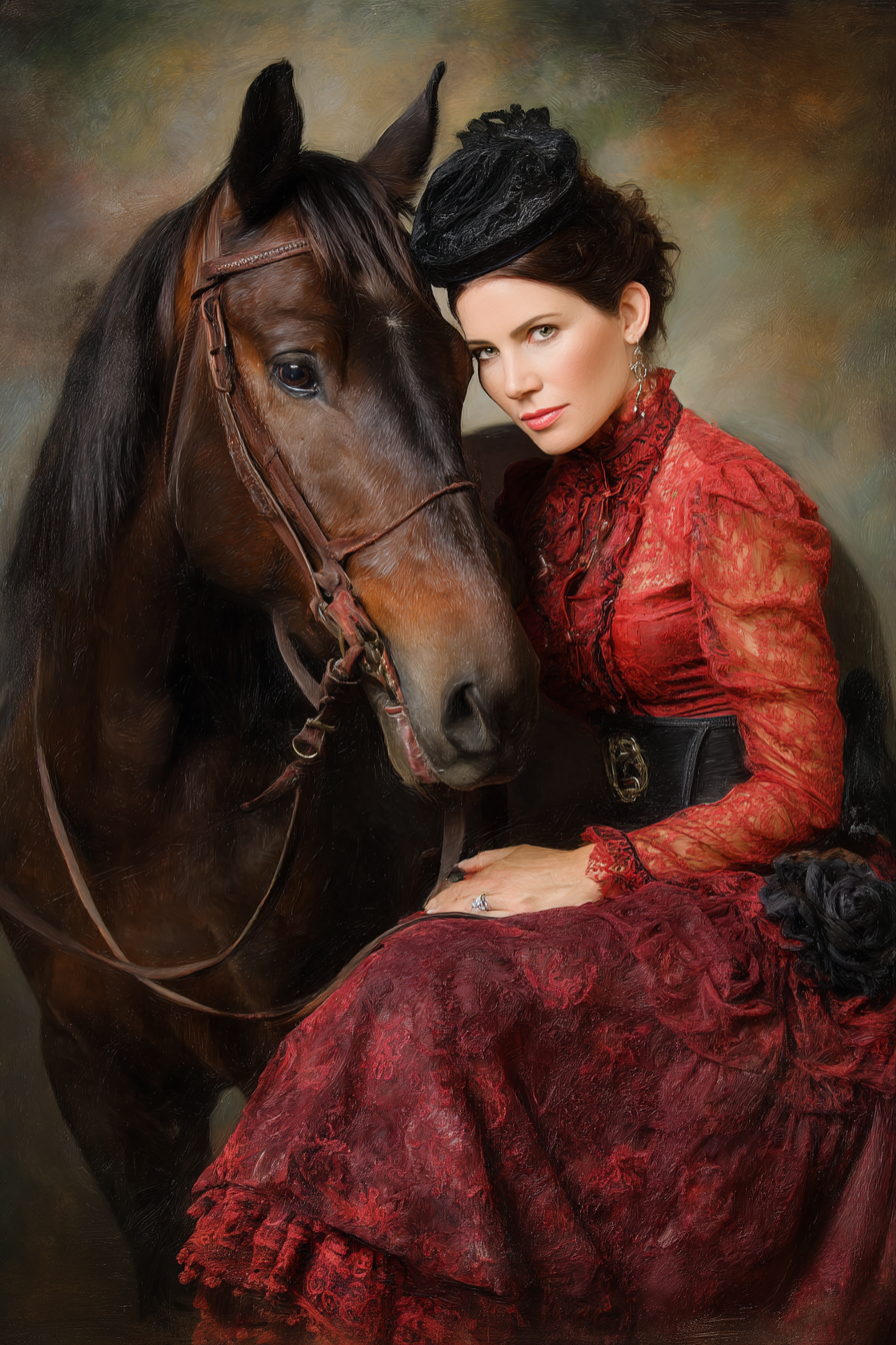 Frau Mit Pferd In Vintage Rotem Kleid Mit Hut Eleganz Nostalgie | Klassisch | Einrichtungsstile