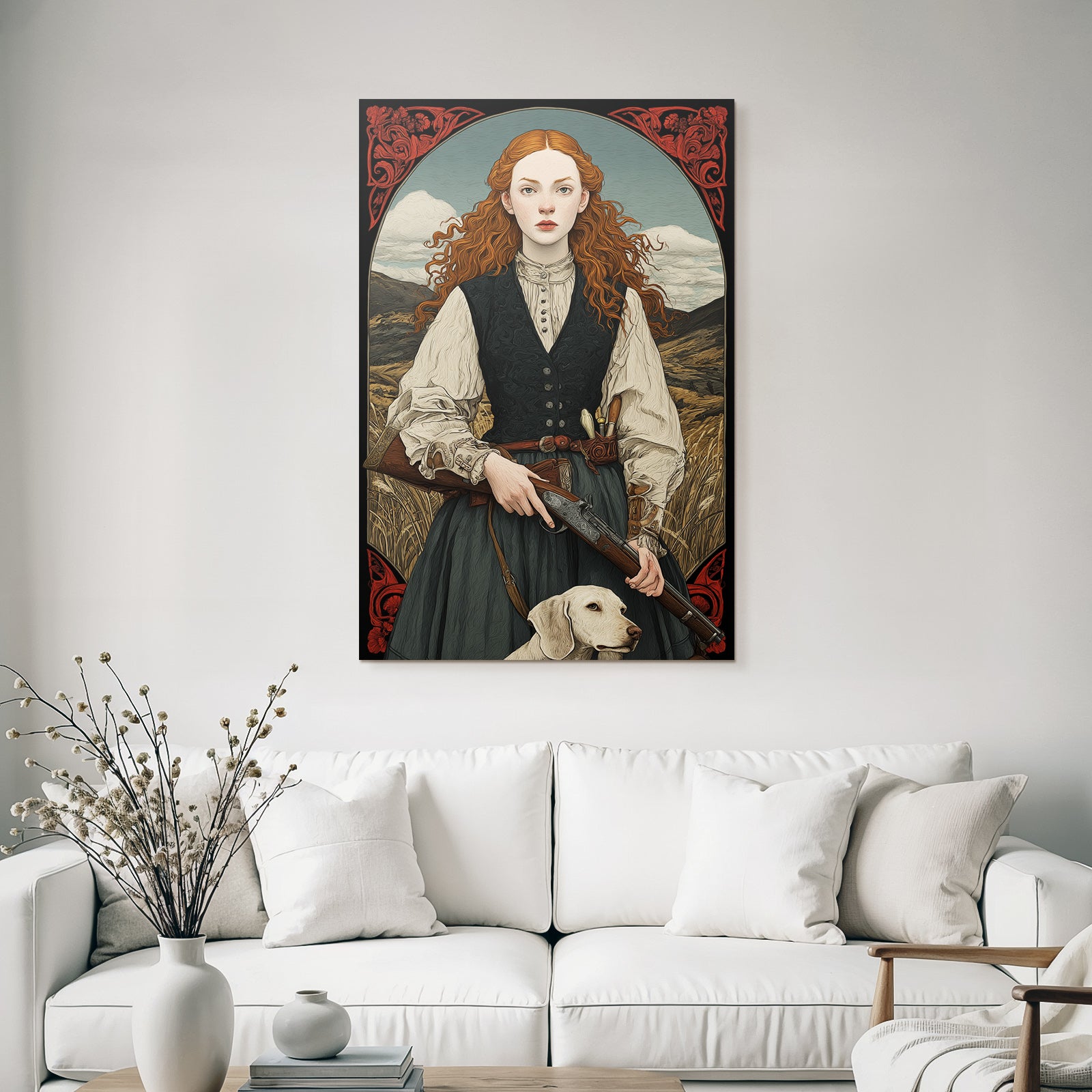 Frau Mit Rotem Haar Und Hund Im Landscape Stil