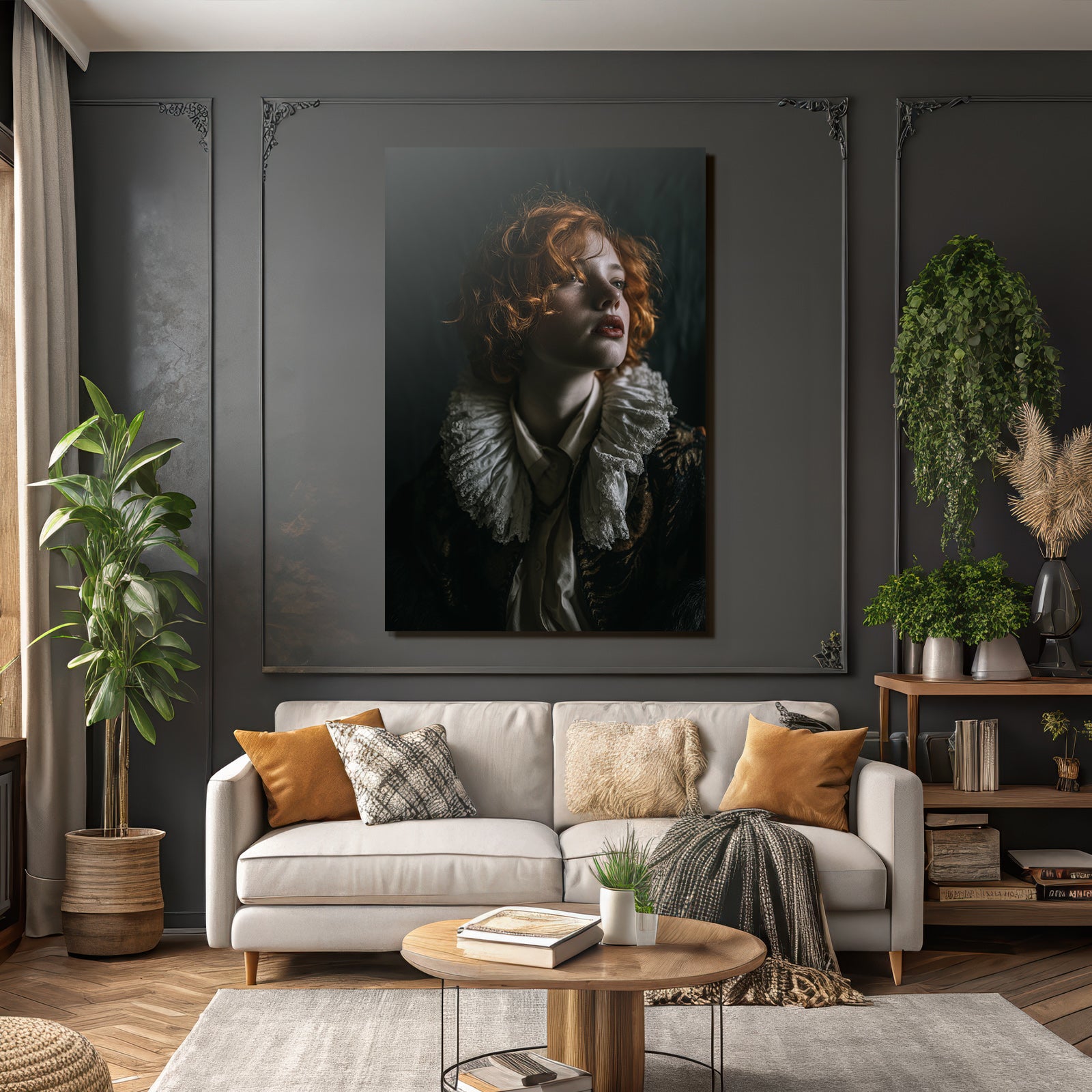 Historische Theatrale Portrait Mit Roten Locken Und Dekorativem Kragen