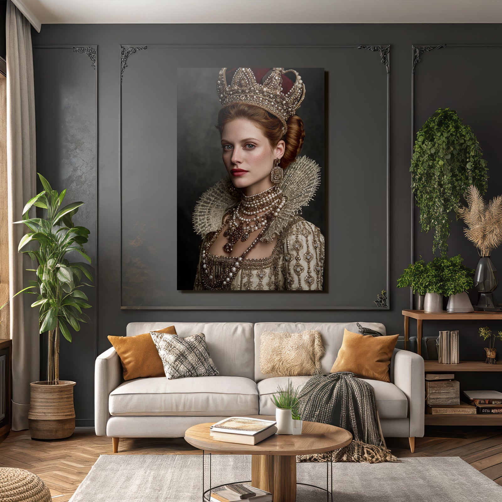 Historisches Kostuem Mit Kronen Und Schmuck In Eleganter Haarstellung