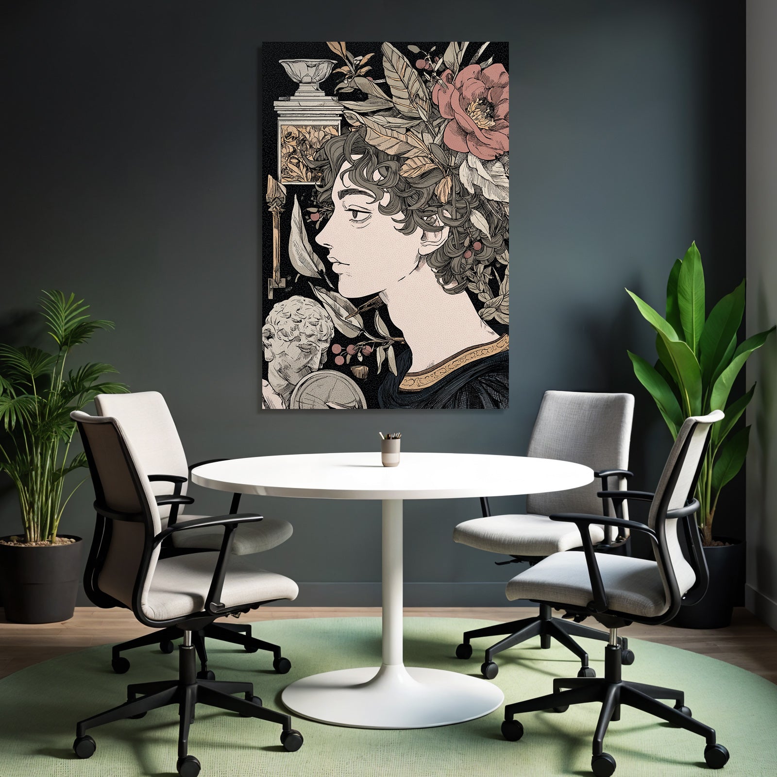 Juenger Mann Mit Locken Blumen Und Klaasischen Elementen