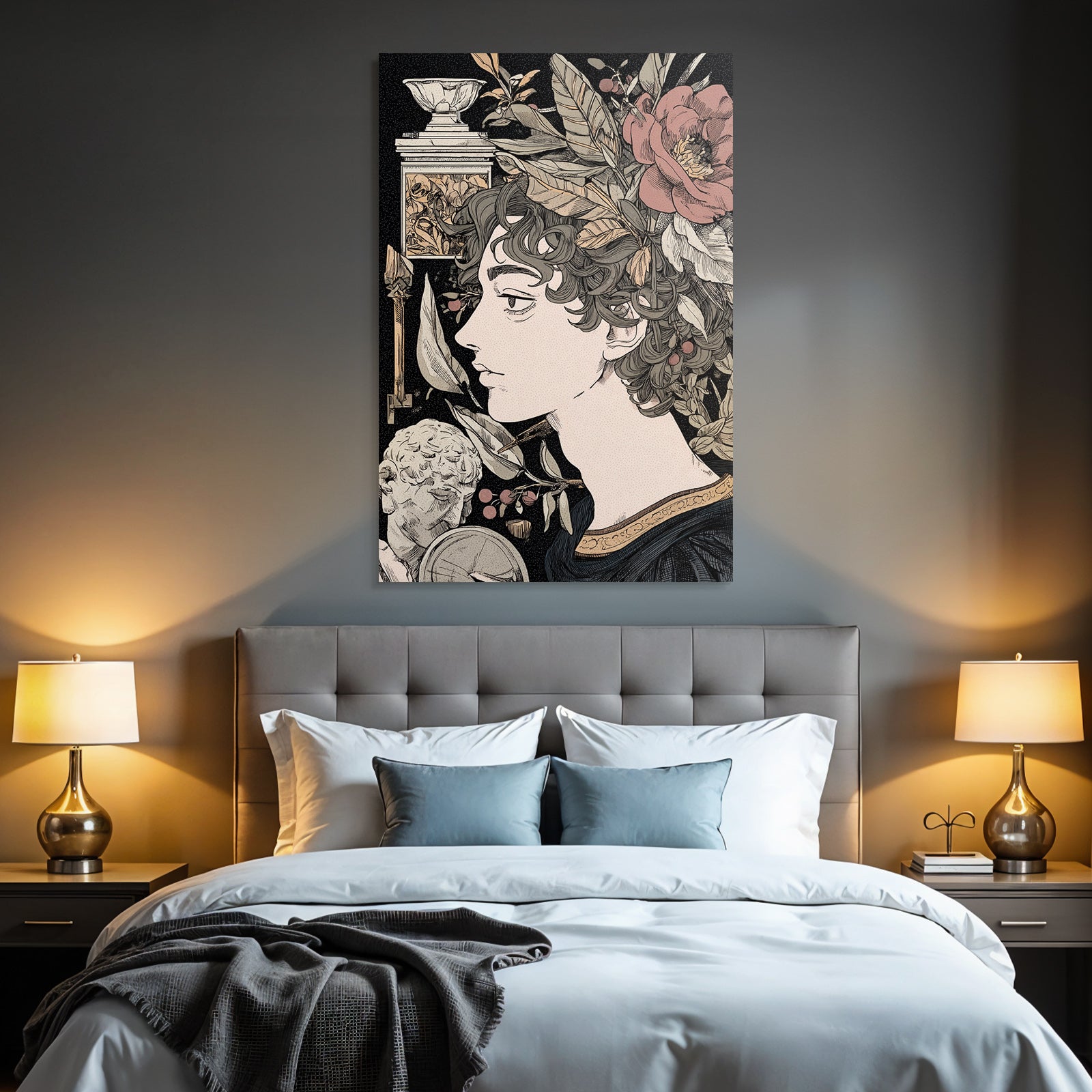 Juenger Mann Mit Locken Blumen Und Klaasischen Elementen