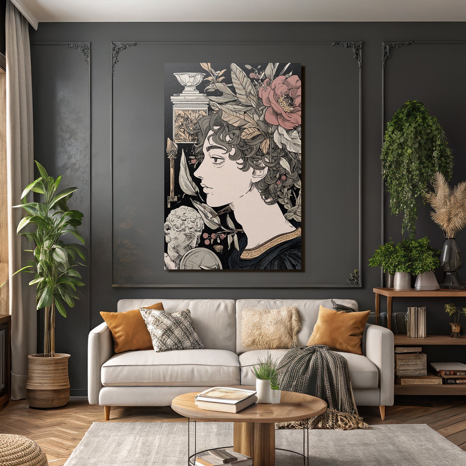 Juenger Mann Mit Locken Blumen Und Klaasischen Elementen