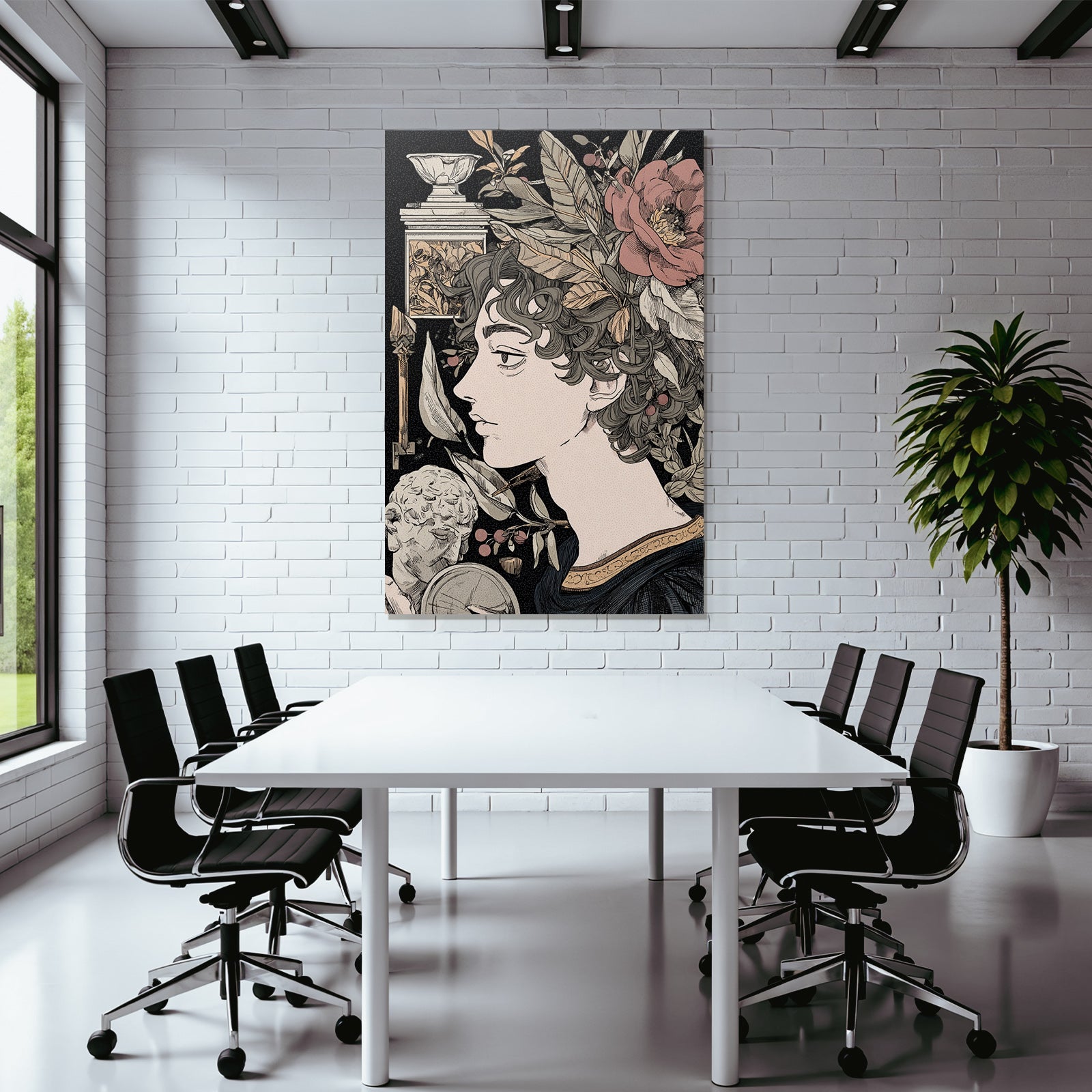 Juenger Mann Mit Locken Blumen Und Klaasischen Elementen