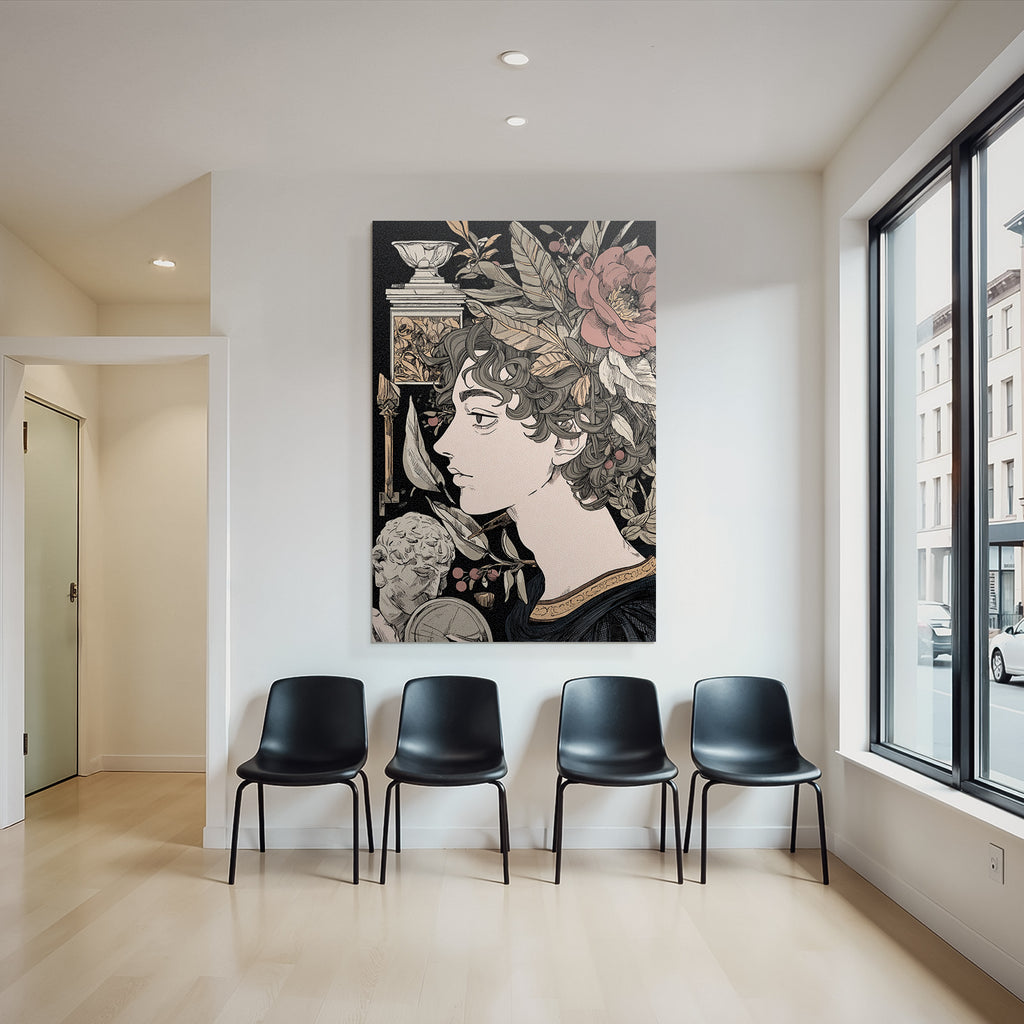 Juenger Mann Mit Locken Blumen Und Klaasischen Elementen