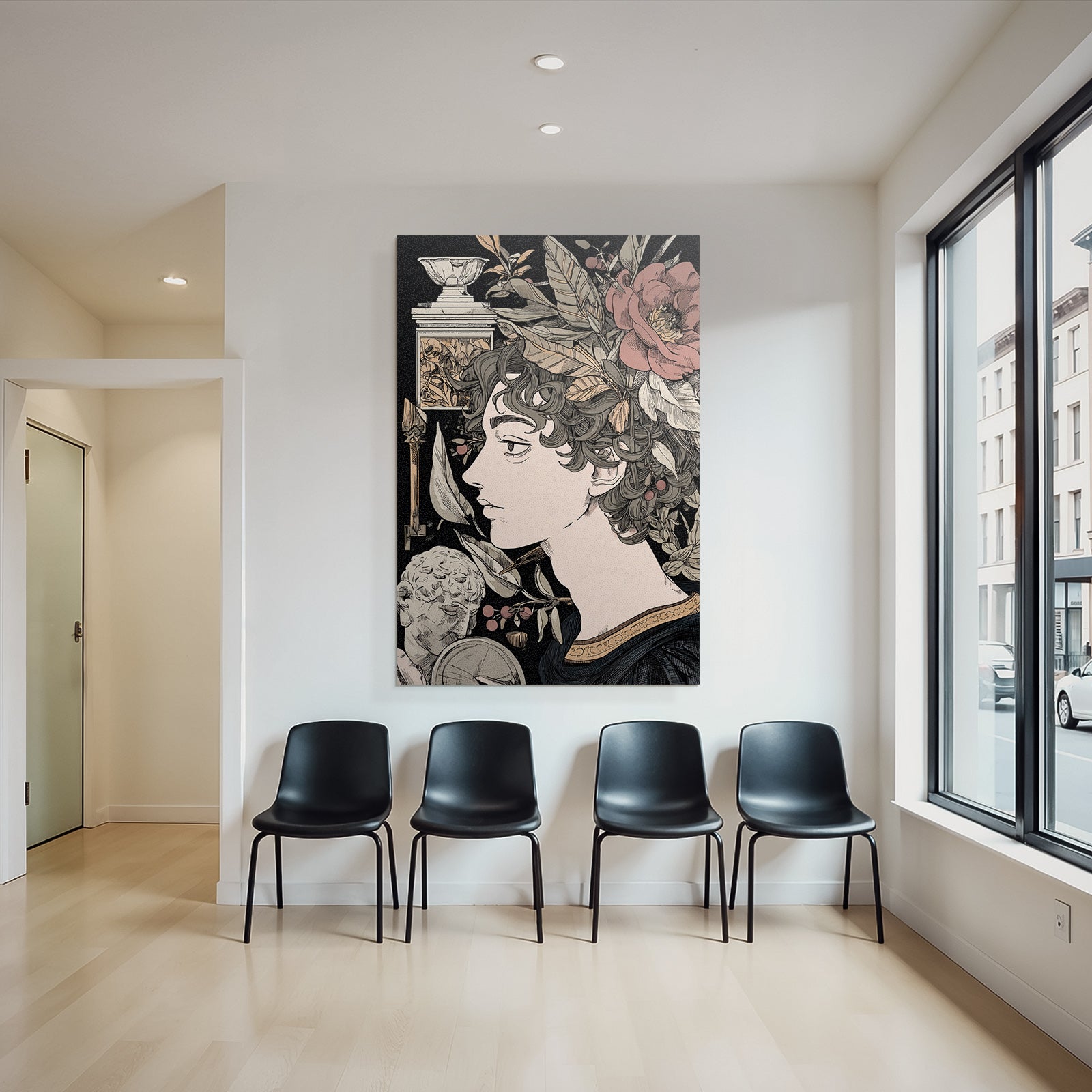 Juenger Mann Mit Locken Blumen Und Klaasischen Elementen
