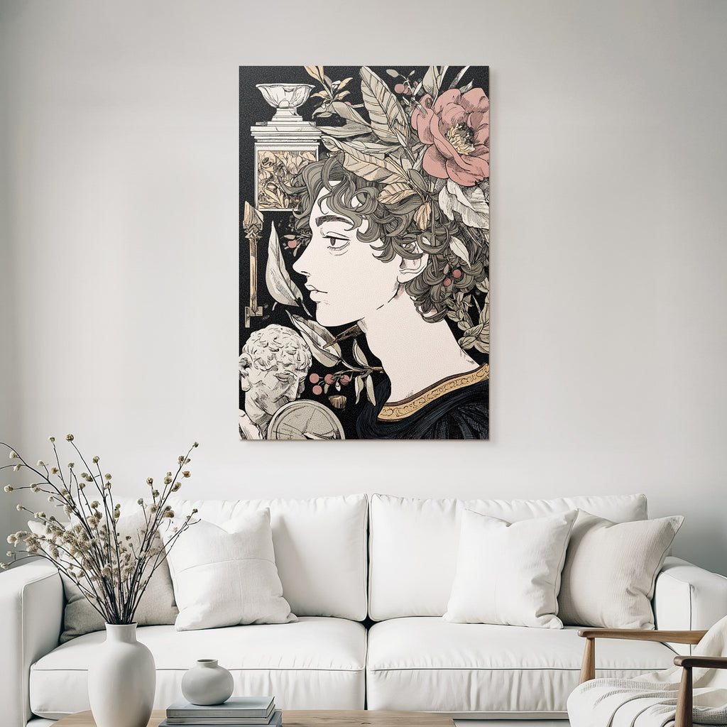 Juenger Mann Mit Locken Blumen Und Klaasischen Elementen
