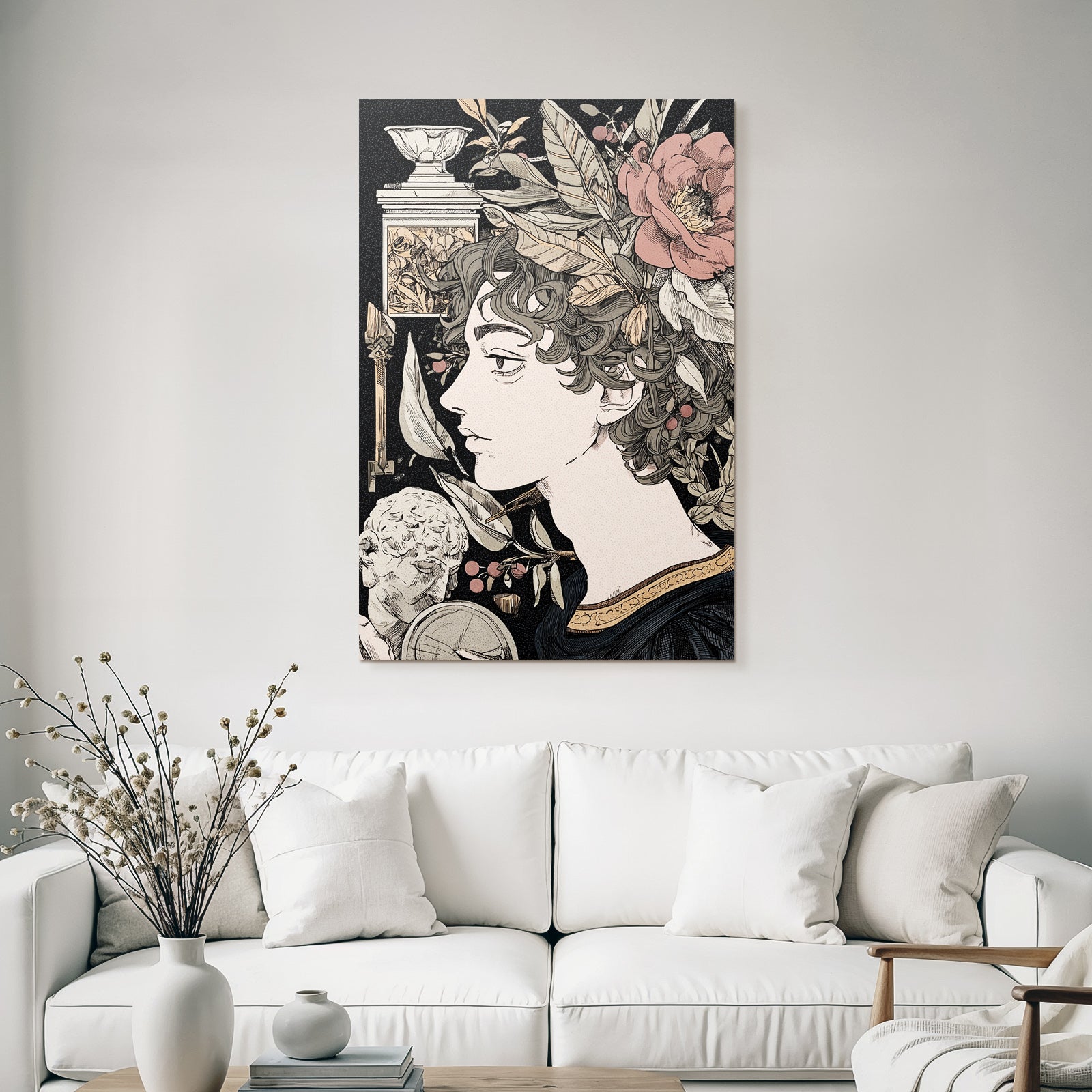 Juenger Mann Mit Locken Blumen Und Klaasischen Elementen