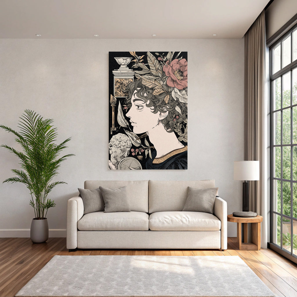 Juenger Mann Mit Locken Blumen Und Klaasischen Elementen