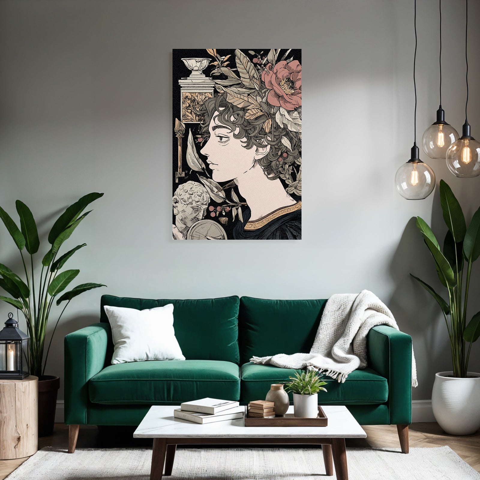 Juenger Mann Mit Locken Blumen Und Klaasischen Elementen