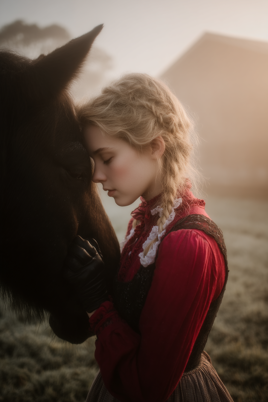 Jung Frau Kuschelt Mit Pferd Im Nebligen Ausenbereich Vintage Stil | Klassisch | Einrichtungsstile