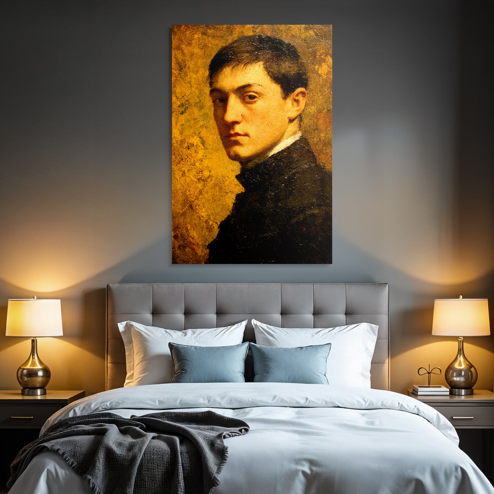 Jung Mann Portrait Warme Farben Dunkle Kleidung