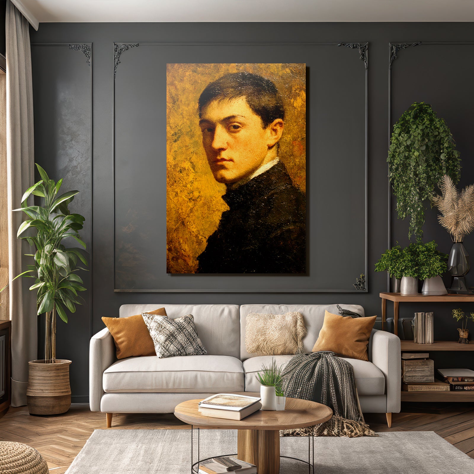 Jung Mann Portrait Warme Farben Dunkle Kleidung