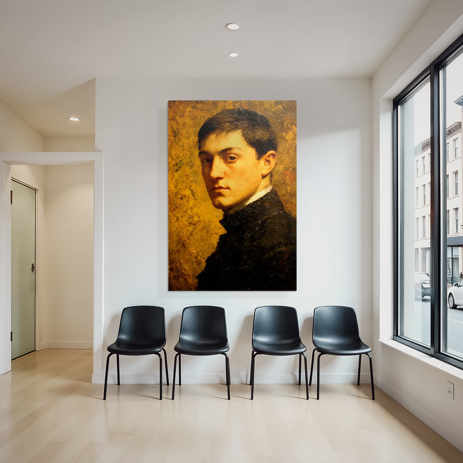 Jung Mann Portrait Warme Farben Dunkle Kleidung