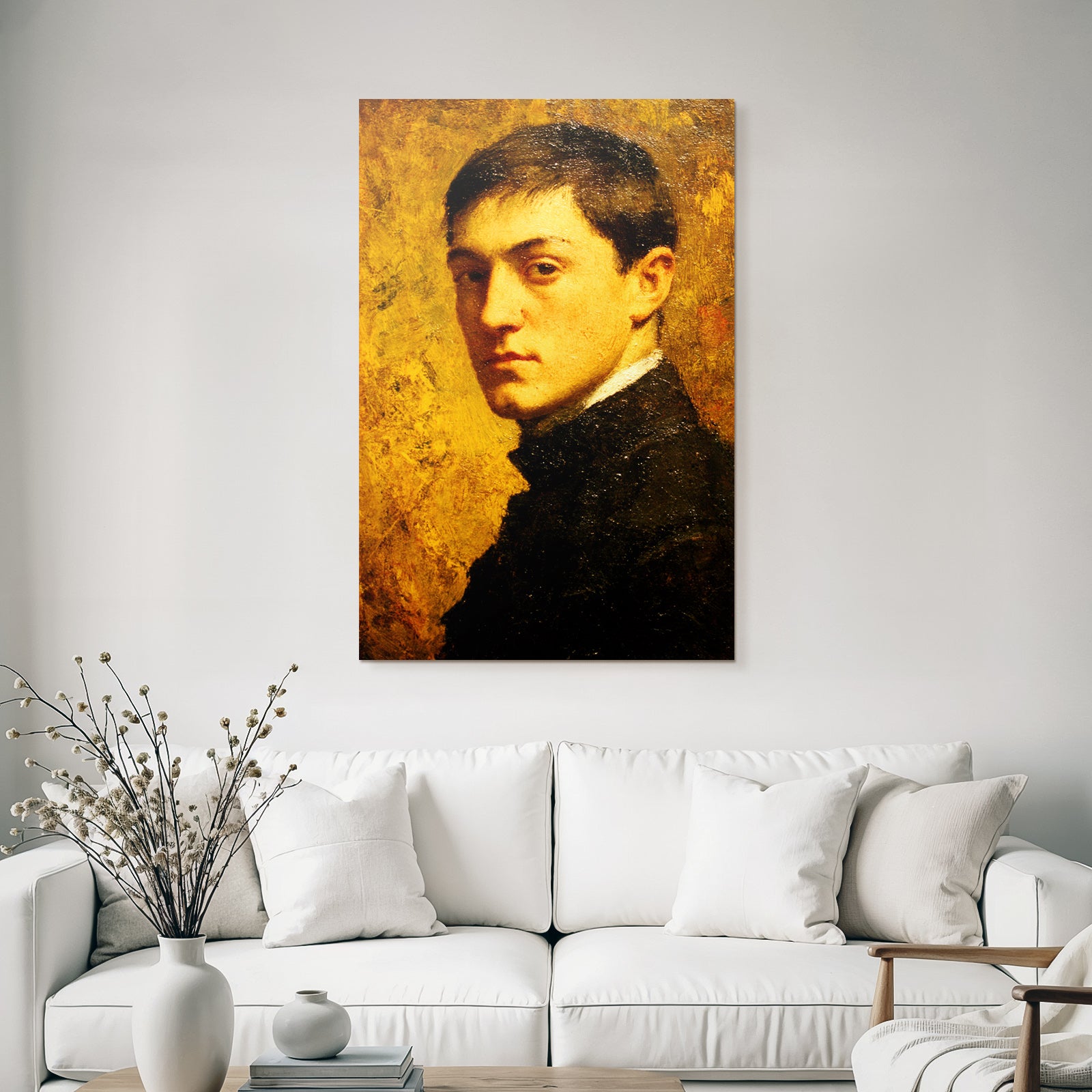 Jung Mann Portrait Warme Farben Dunkle Kleidung
