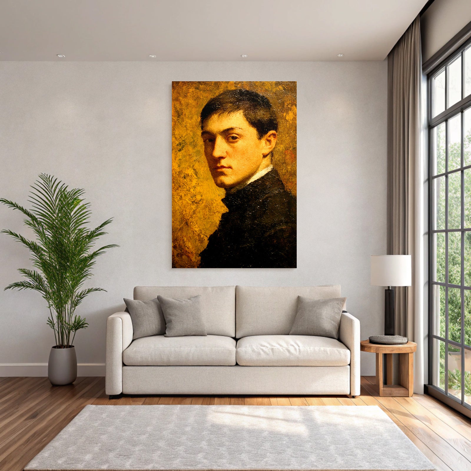 Jung Mann Portrait Warme Farben Dunkle Kleidung