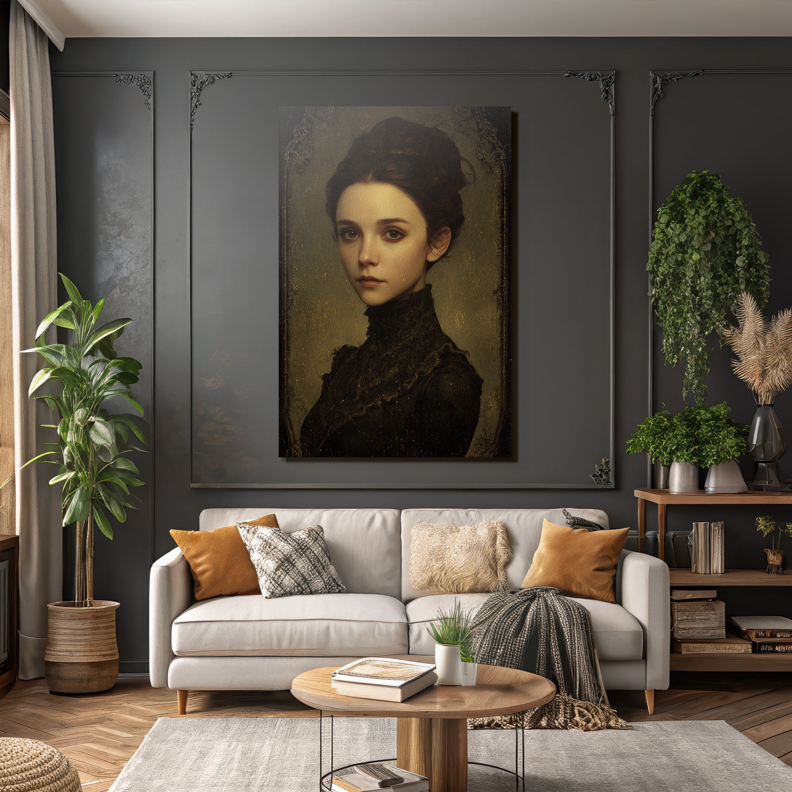 Junge Frau Elegantes Portrait Vintage Stil Dunkles Kleid