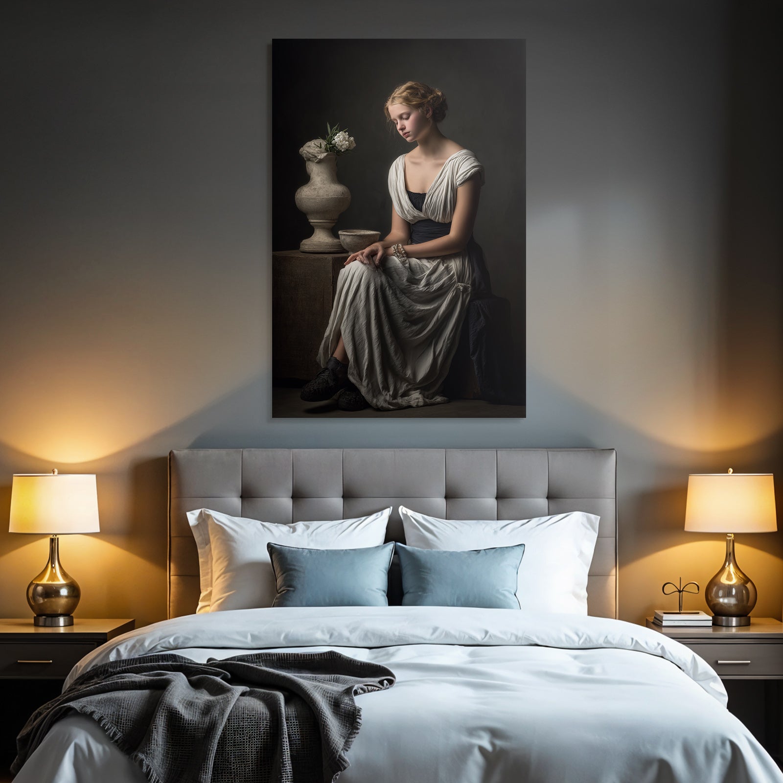 Junge Frau In Em Stil Mit Weiss Gown In Dimmer Umgebung