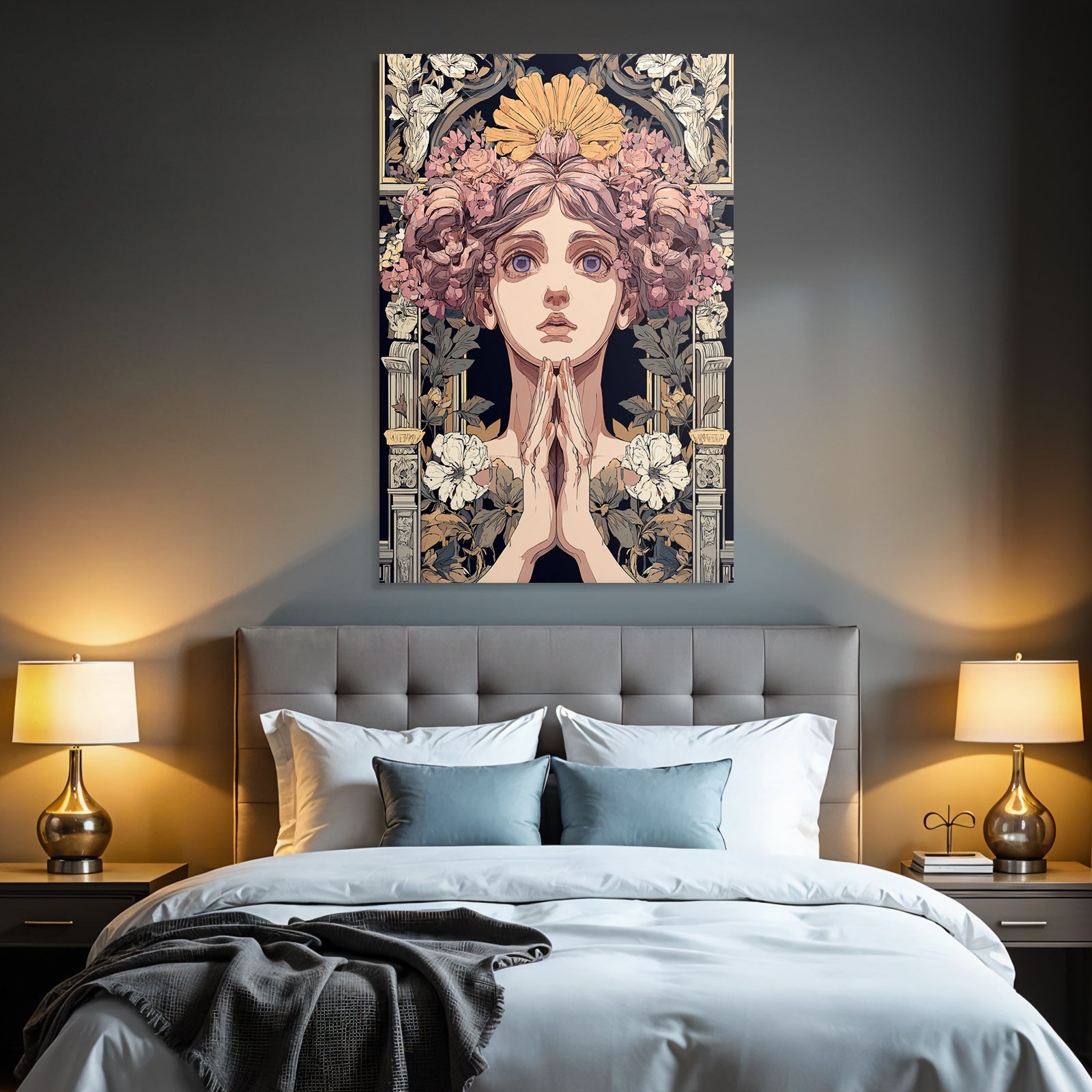 Junge Frau Mit Blumen Gebet Meditation Art Nouveau Elegant Illustration