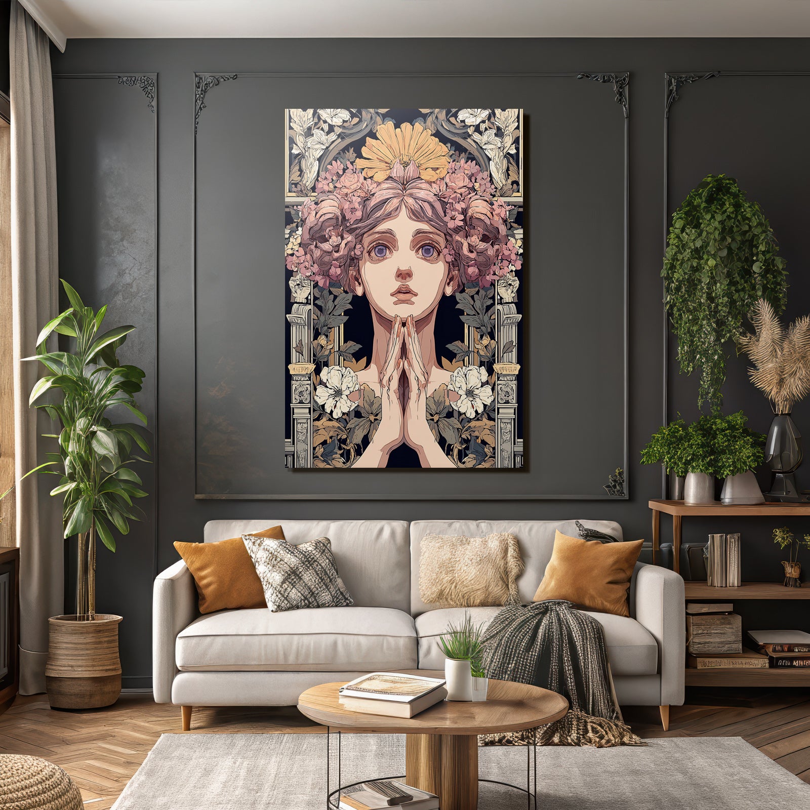 Junge Frau Mit Blumen Gebet Meditation Art Nouveau Elegant Illustration