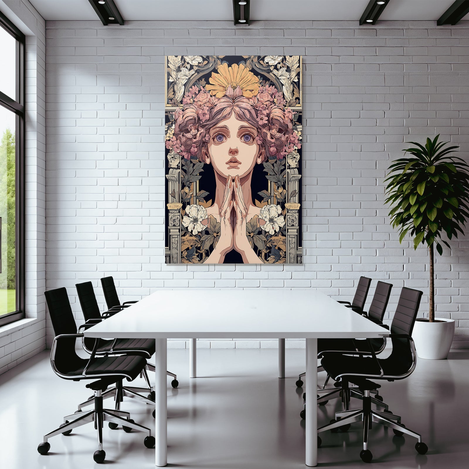 Junge Frau Mit Blumen Gebet Meditation Art Nouveau Elegant Illustration