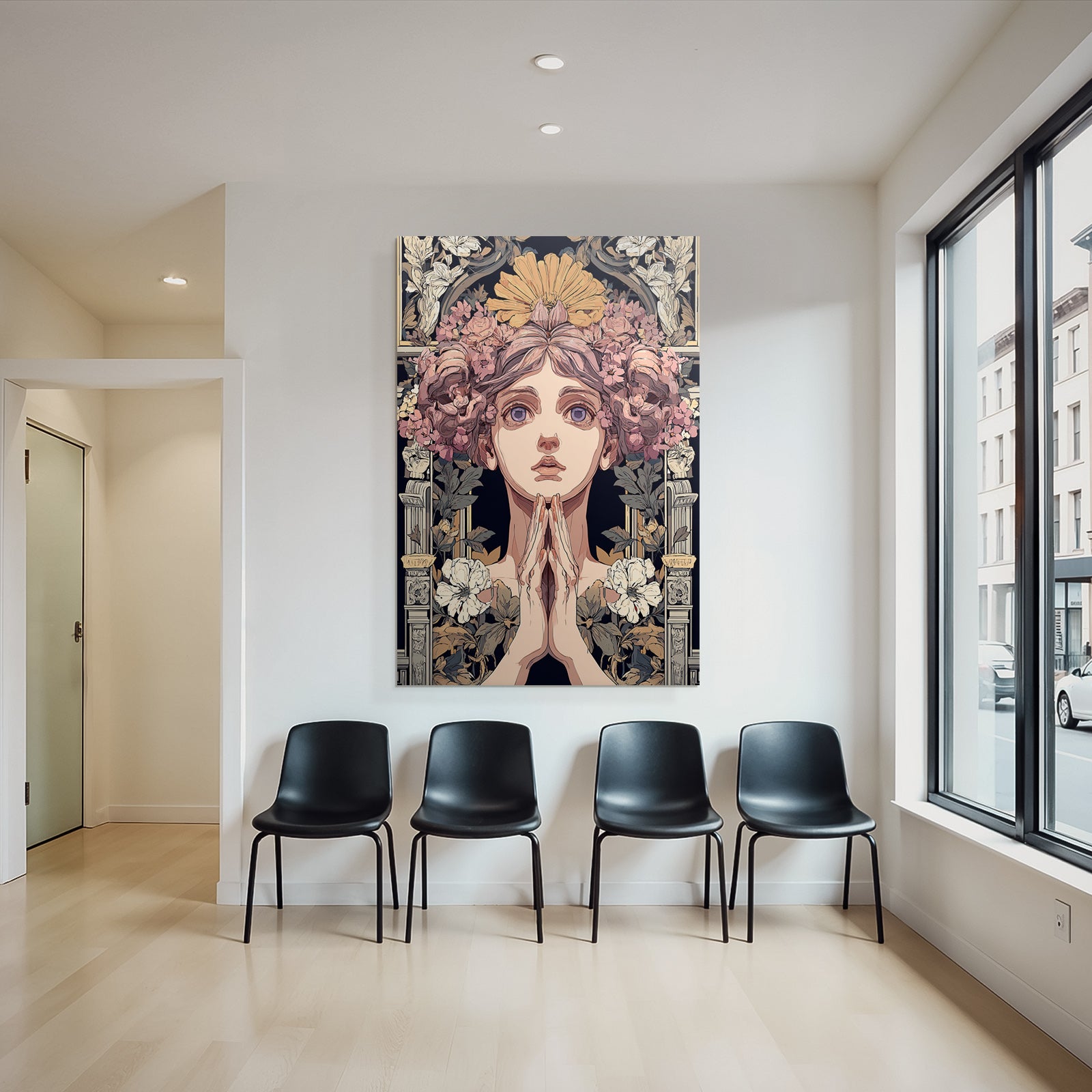 Junge Frau Mit Blumen Gebet Meditation Art Nouveau Elegant Illustration