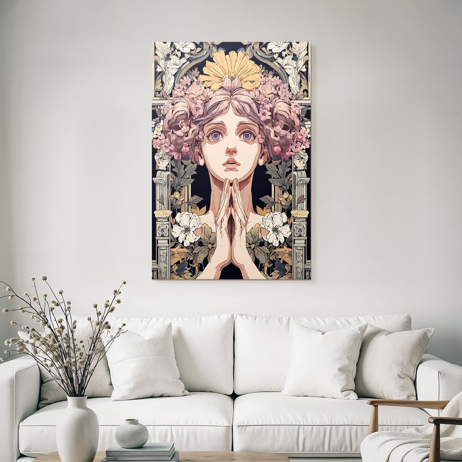 Junge Frau Mit Blumen Gebet Meditation Art Nouveau Elegant Illustration