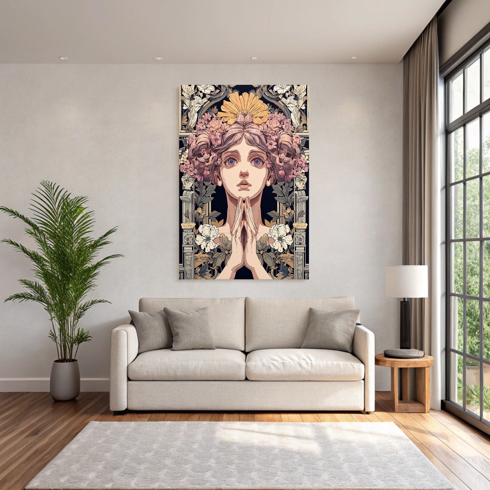 Junge Frau Mit Blumen Gebet Meditation Art Nouveau Elegant Illustration
