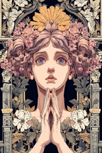 Junge Frau Mit Blumen Gebet Meditation Art Nouveau Elegant Illustration | Klassisch | Einrichtungsstile