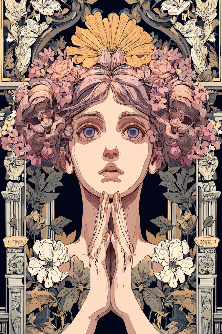 Junge Frau Mit Blumen Gebet Meditation Art Nouveau Elegant Illustration | Klassisch | Einrichtungsstile