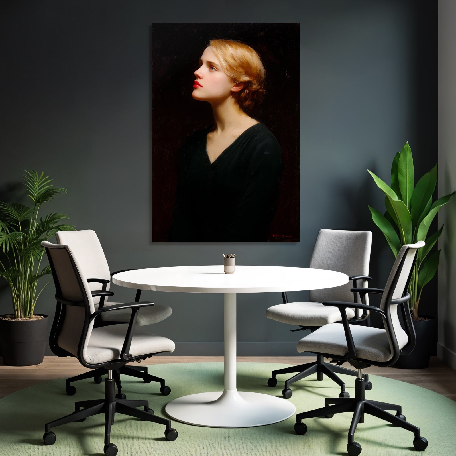 Junge Frau Portrait Profilansicht Mit Weichem Licht Und Dunklem Hintergrund