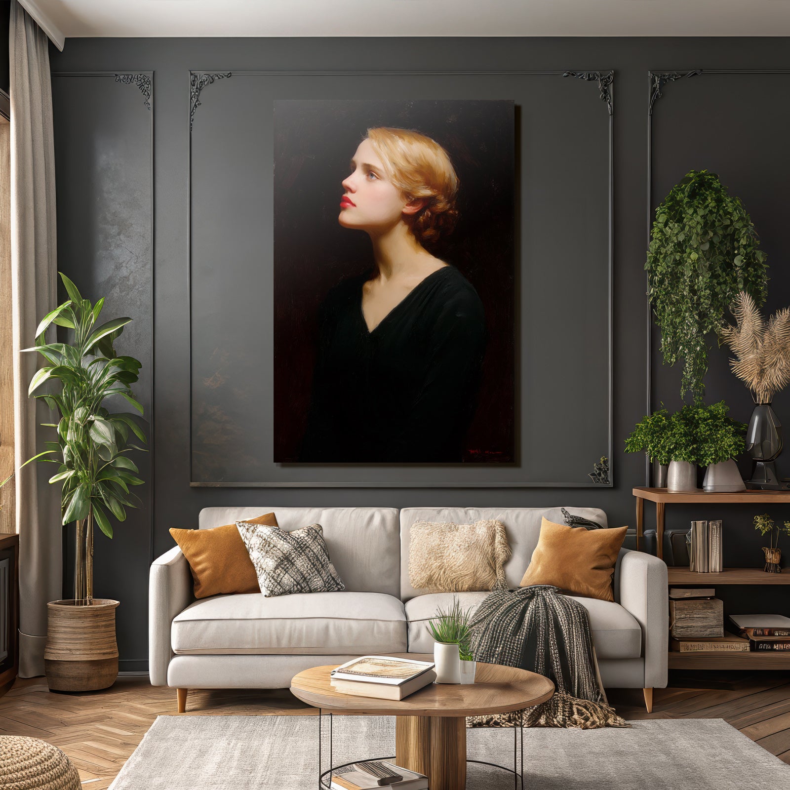 Junge Frau Portrait Profilansicht Mit Weichem Licht Und Dunklem Hintergrund