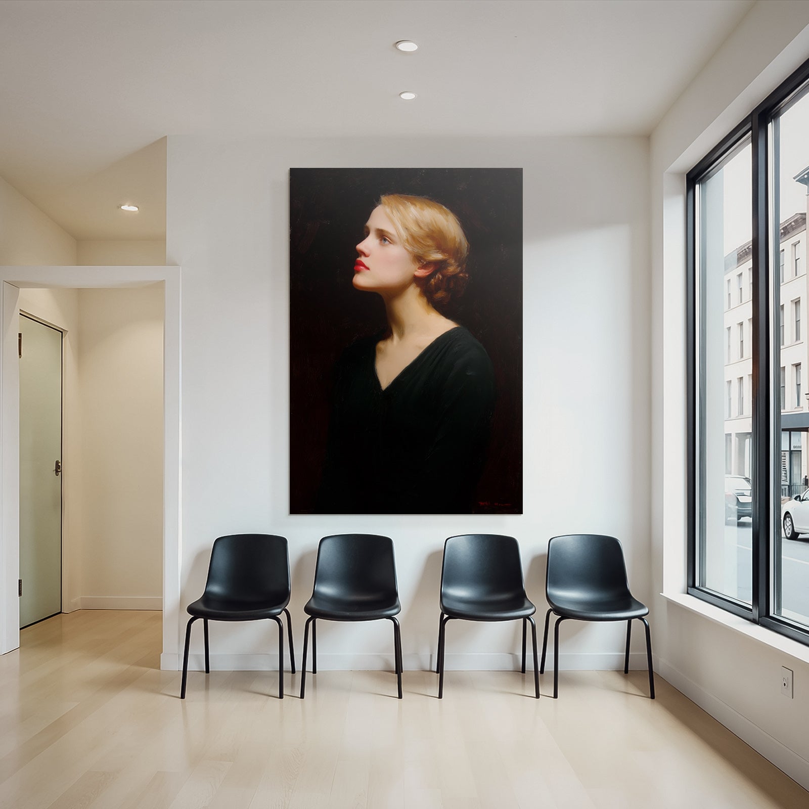 Junge Frau Portrait Profilansicht Mit Weichem Licht Und Dunklem Hintergrund