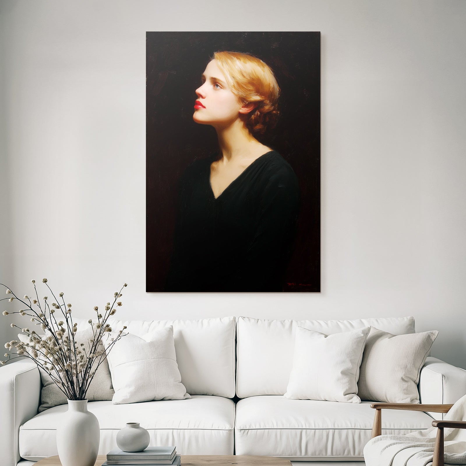 Junge Frau Portrait Profilansicht Mit Weichem Licht Und Dunklem Hintergrund