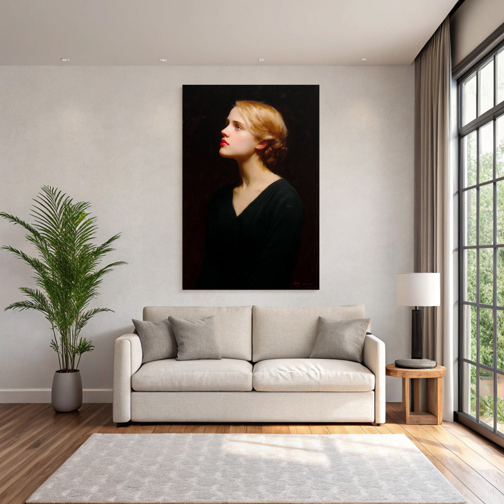 Junge Frau Portrait Profilansicht Mit Weichem Licht Und Dunklem Hintergrund