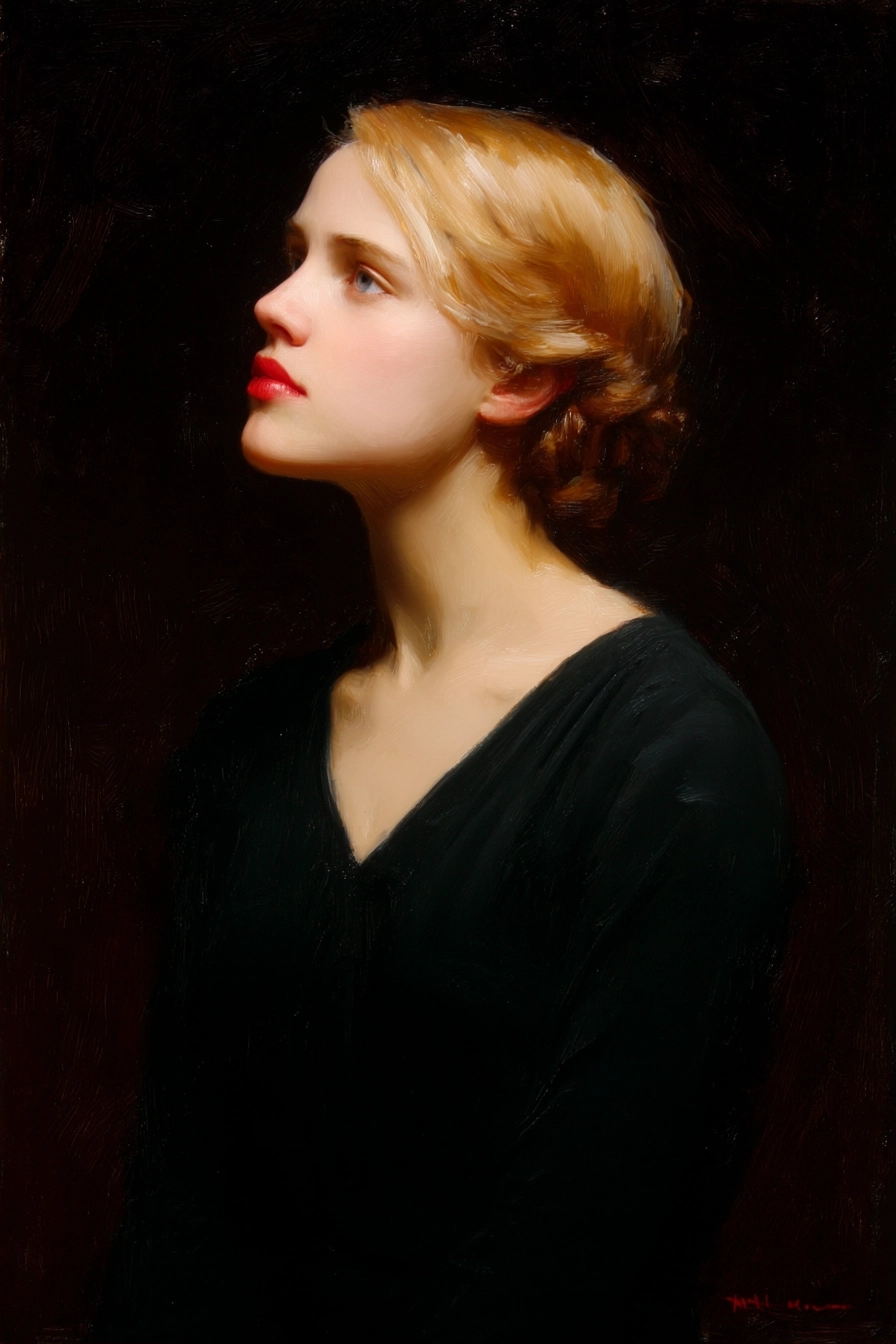 Junge Frau Portrait Profilansicht Mit Weichem Licht Und Dunklem Hintergrund | Klassisch | Einrichtungsstile