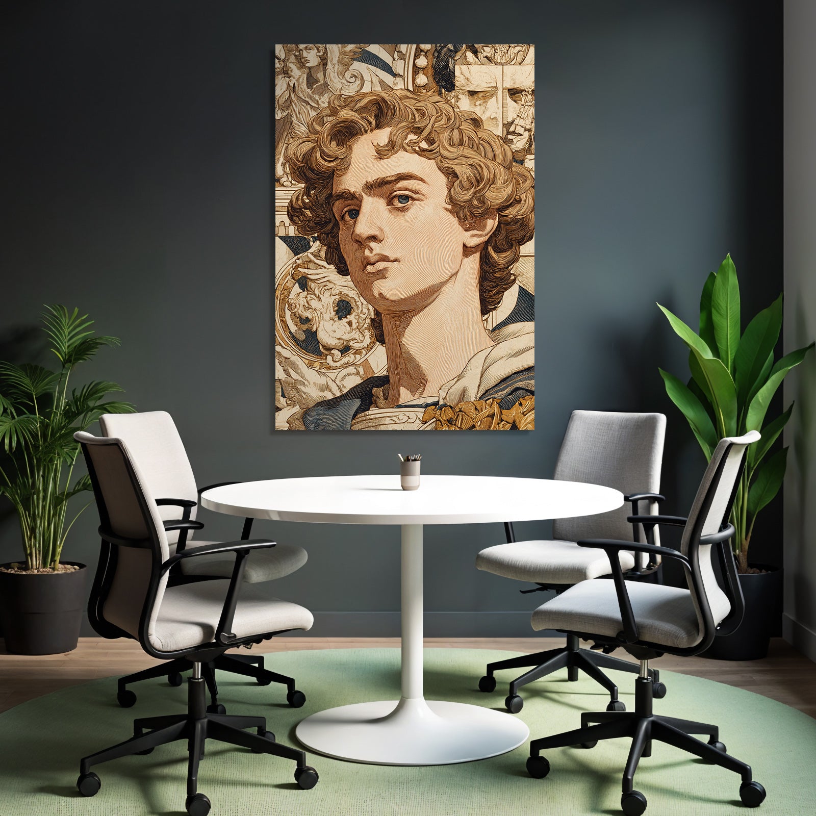 Junger Mann Mit Lockigem Haar Im Kunstvollen Hintergrund