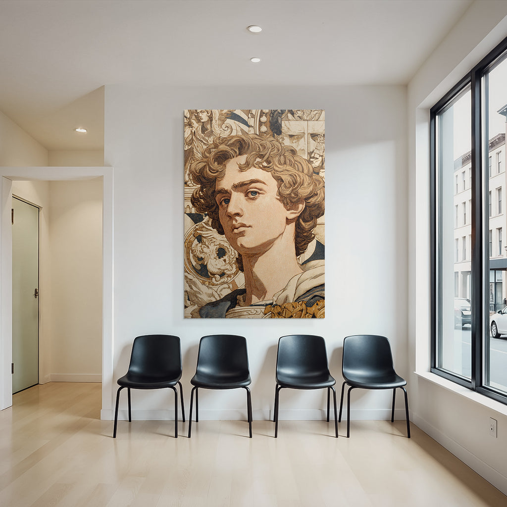 Junger Mann Mit Lockigem Haar Im Kunstvollen Hintergrund