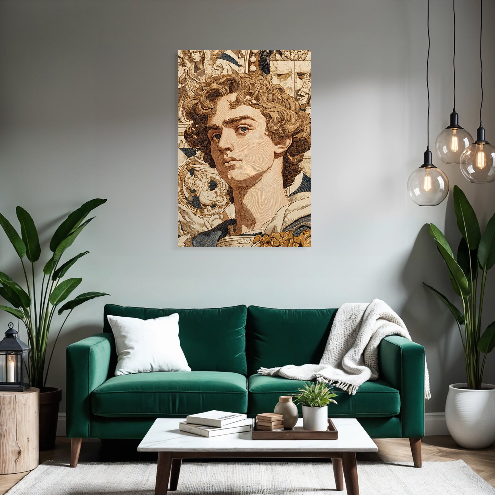Junger Mann Mit Lockigem Haar Im Kunstvollen Hintergrund