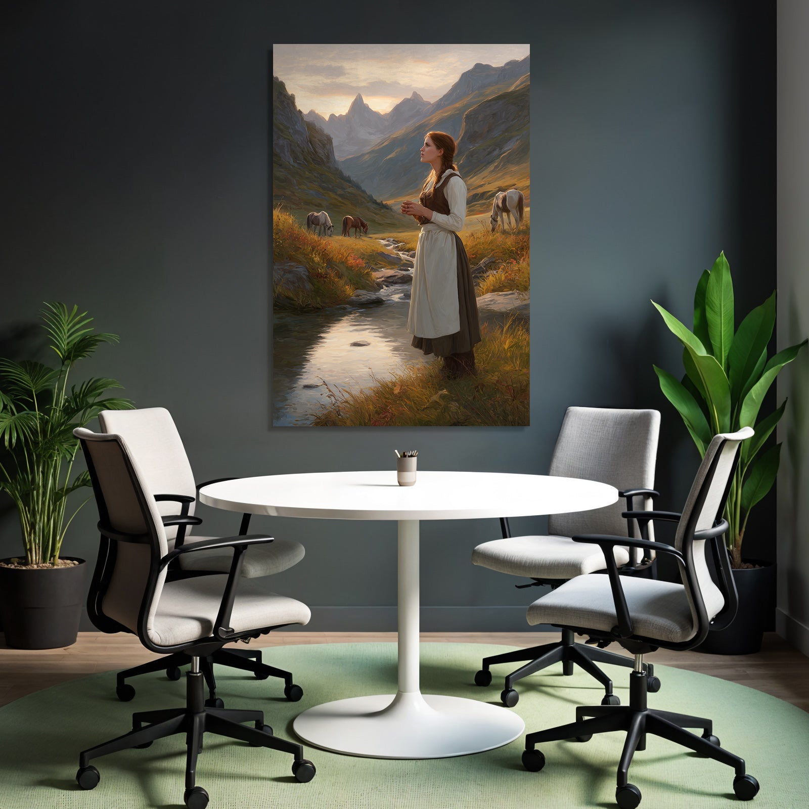 Junges Maedchen Im Perioden Code Das Stand By Einem Bach Mit Berglandschaft Und Horsen
