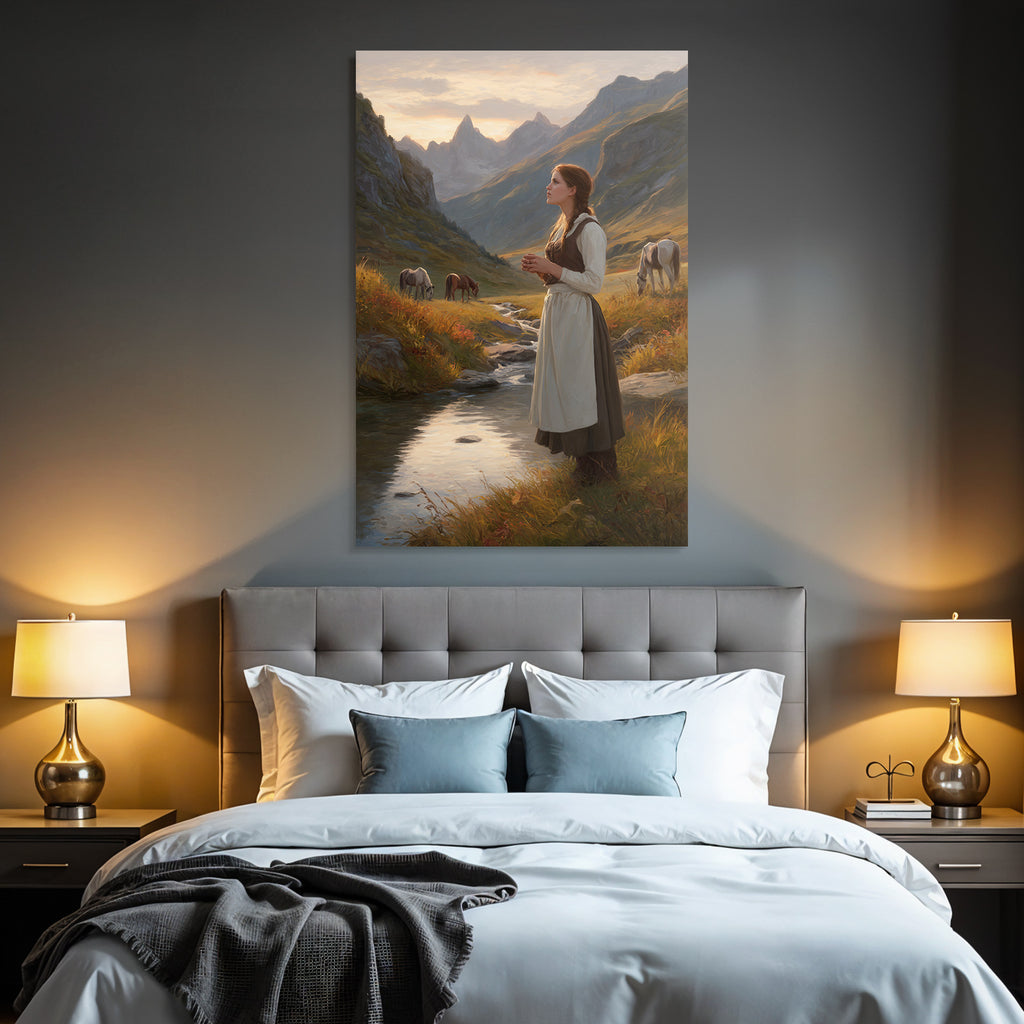 Junges Maedchen Im Perioden Code Das Stand By Einem Bach Mit Berglandschaft Und Horsen