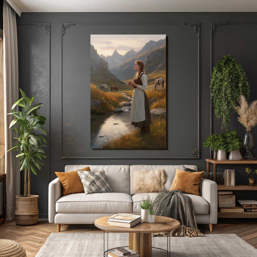 Junges Maedchen Im Perioden Code Das Stand By Einem Bach Mit Berglandschaft Und Horsen