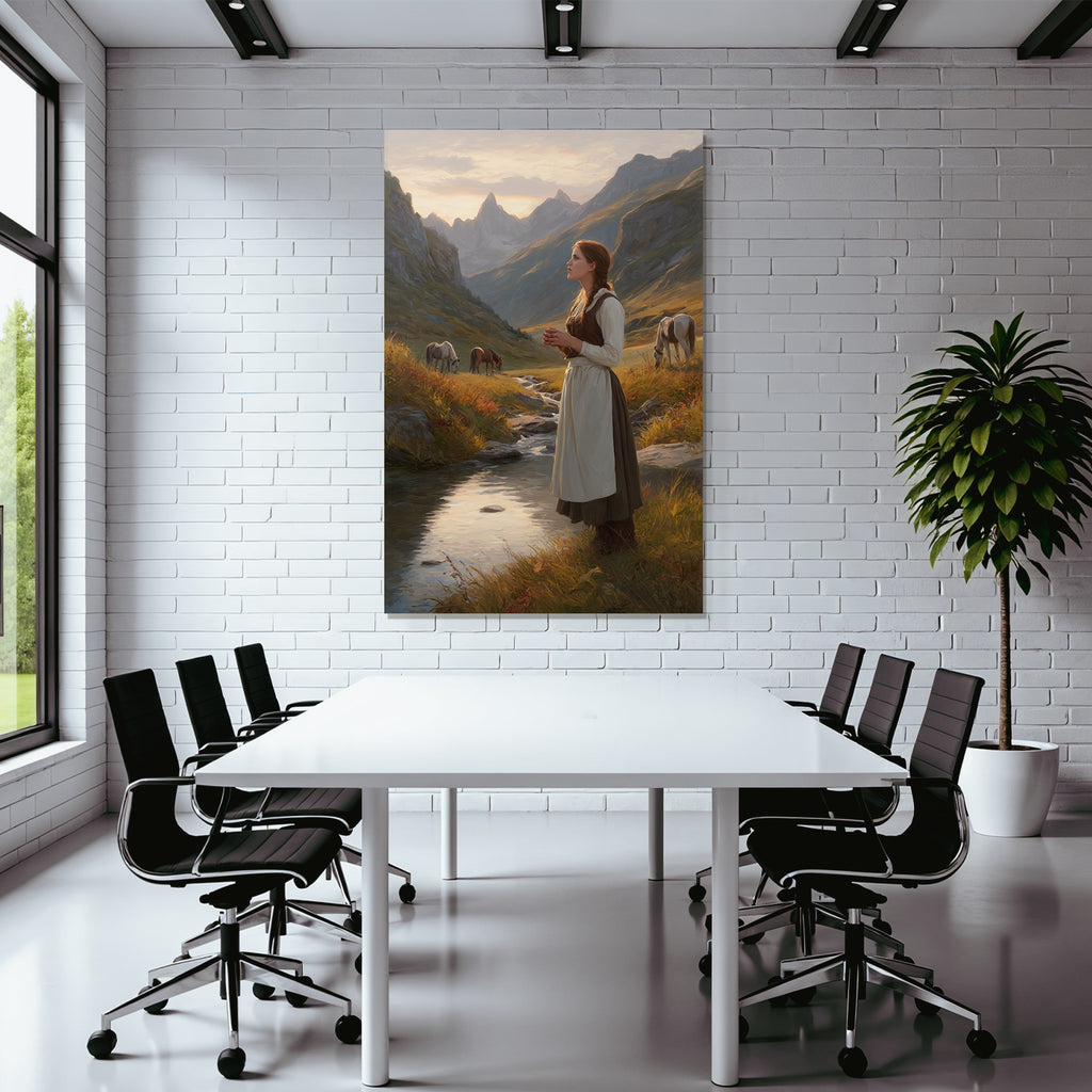 Junges Maedchen Im Perioden Code Das Stand By Einem Bach Mit Berglandschaft Und Horsen