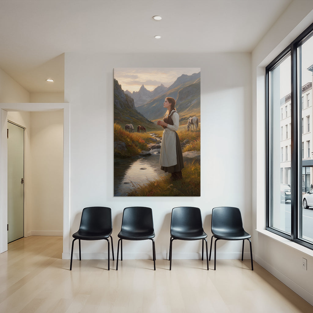 Junges Maedchen Im Perioden Code Das Stand By Einem Bach Mit Berglandschaft Und Horsen