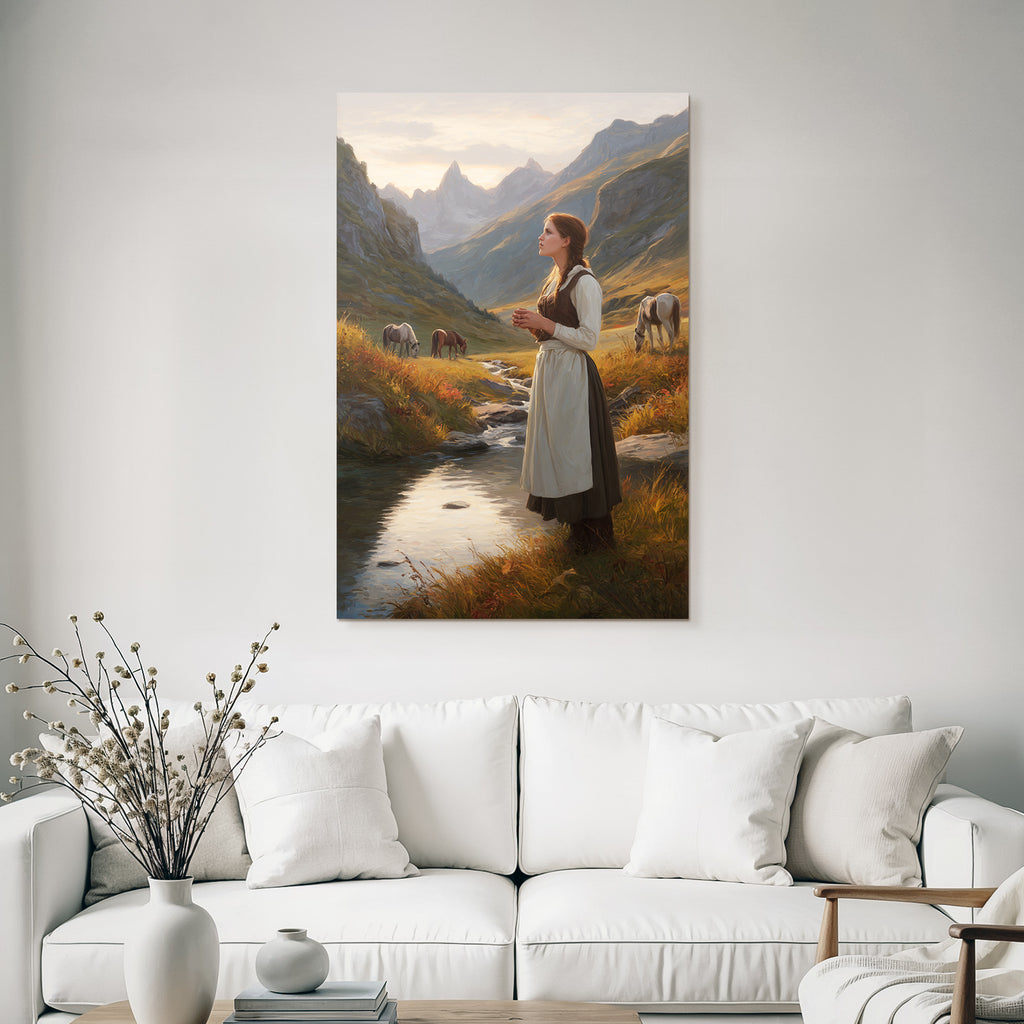 Junges Maedchen Im Perioden Code Das Stand By Einem Bach Mit Berglandschaft Und Horsen