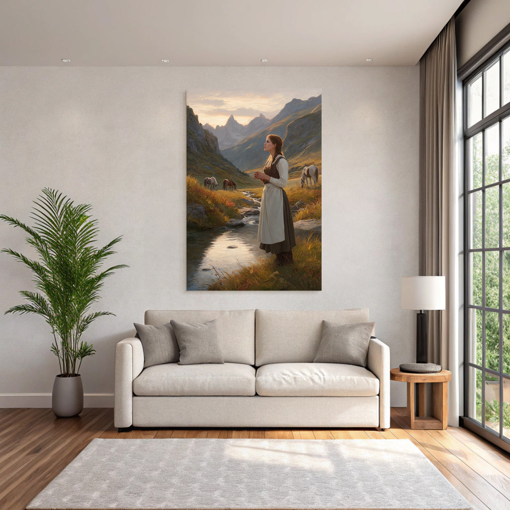 Junges Maedchen Im Perioden Code Das Stand By Einem Bach Mit Berglandschaft Und Horsen